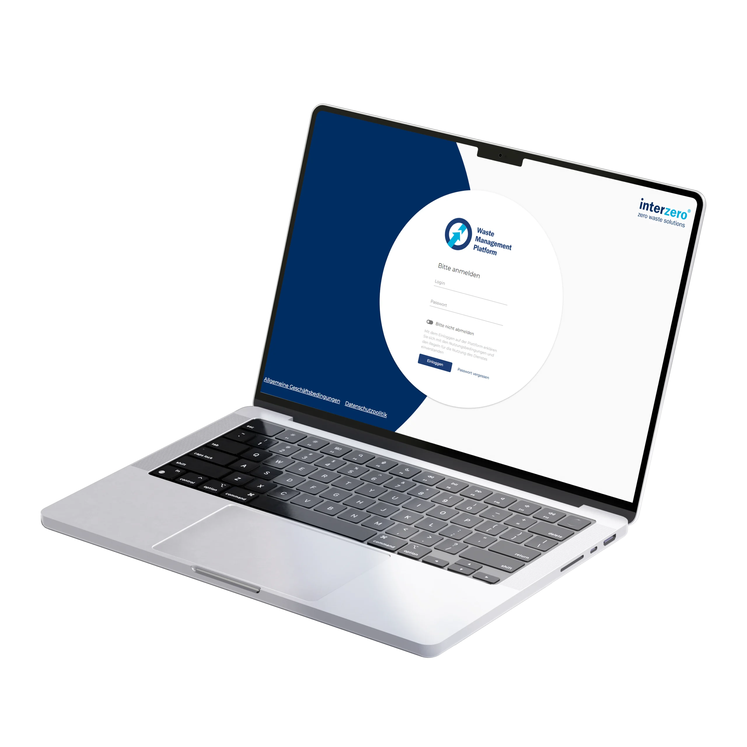 Laptop displaying a login window for the Interzero waste management platform